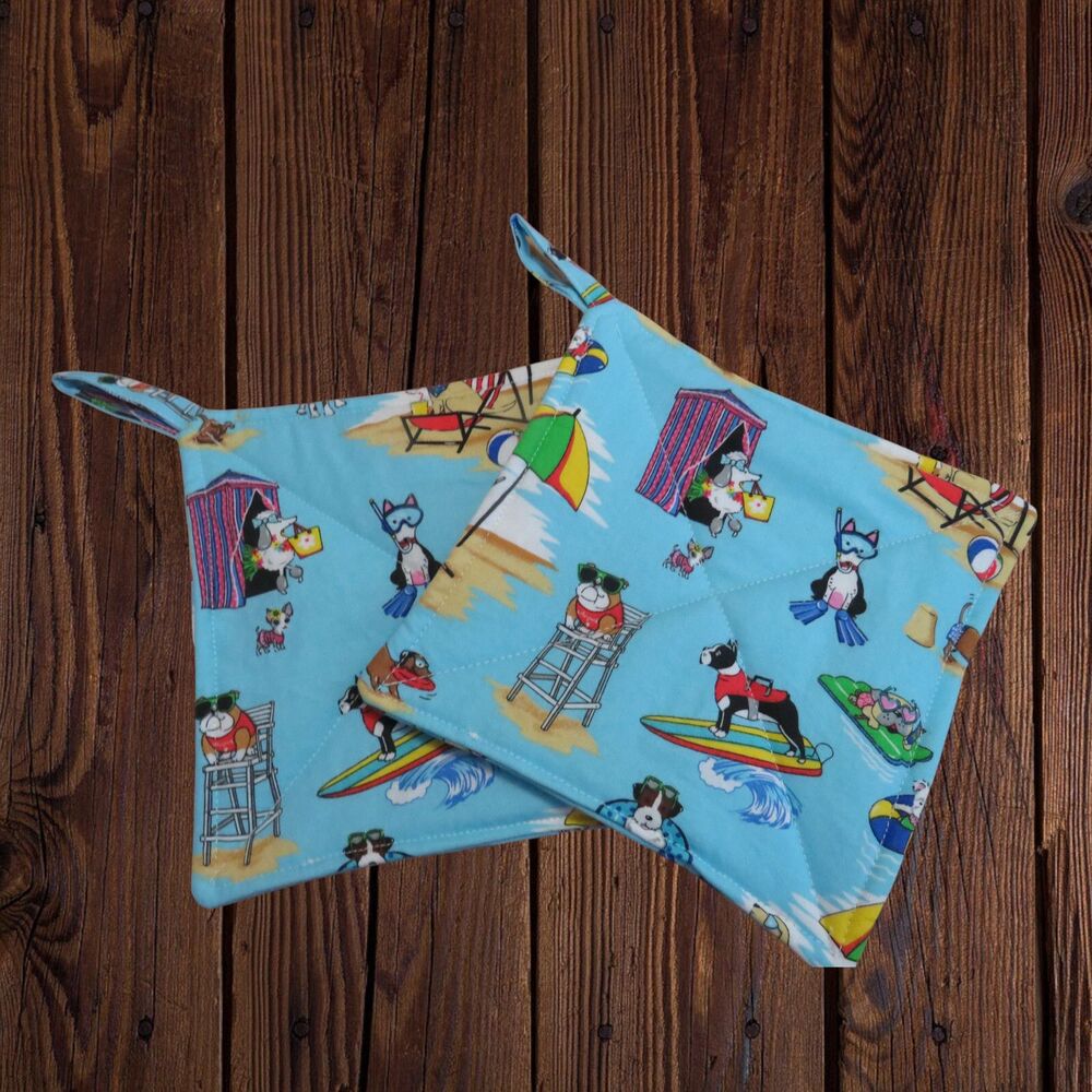 Handmade Potholder Set of 2 Quilted Hot Pad With Dogs